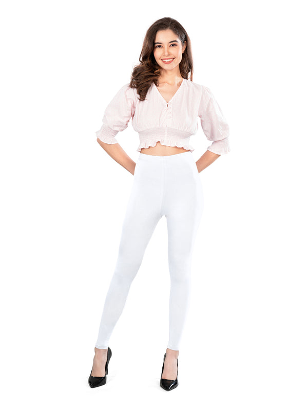 White Cotton Spandex Ankle Length Leggings