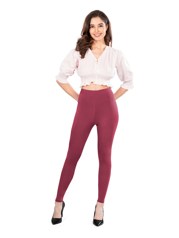 Maroon Cotton Spandex Ankle Length Leggings