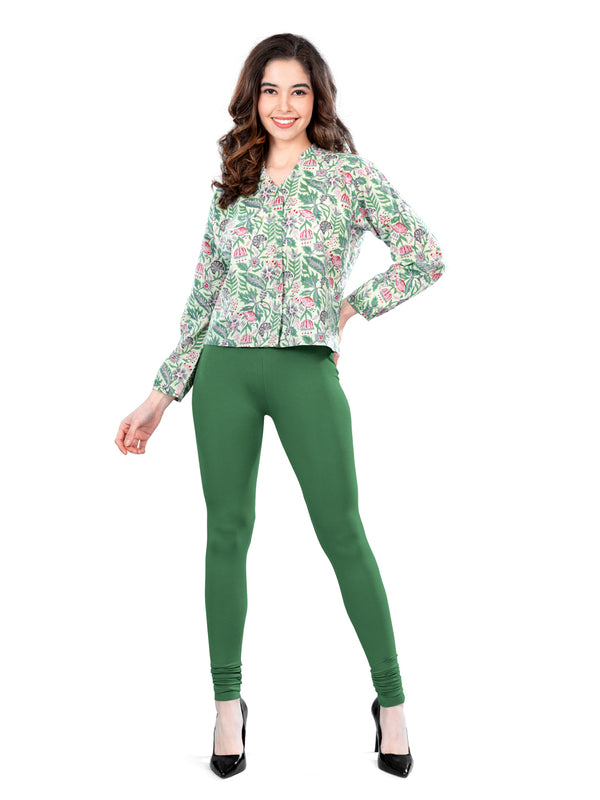 Bottle Green Cotton Spandex Churidar Length Leggings