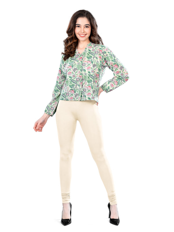 Cream Cotton Spandex Churidar Length Leggings