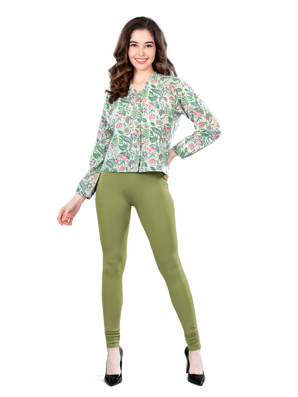 Olive Cotton Spandex Churidar Length Leggings