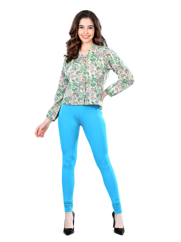 Turquoise Blue Cotton Spandex Churidar Length Leggings