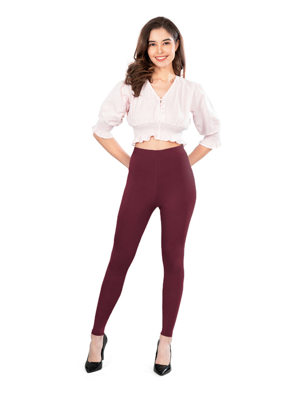 Wine Cotton Spandex Ankle Leggings